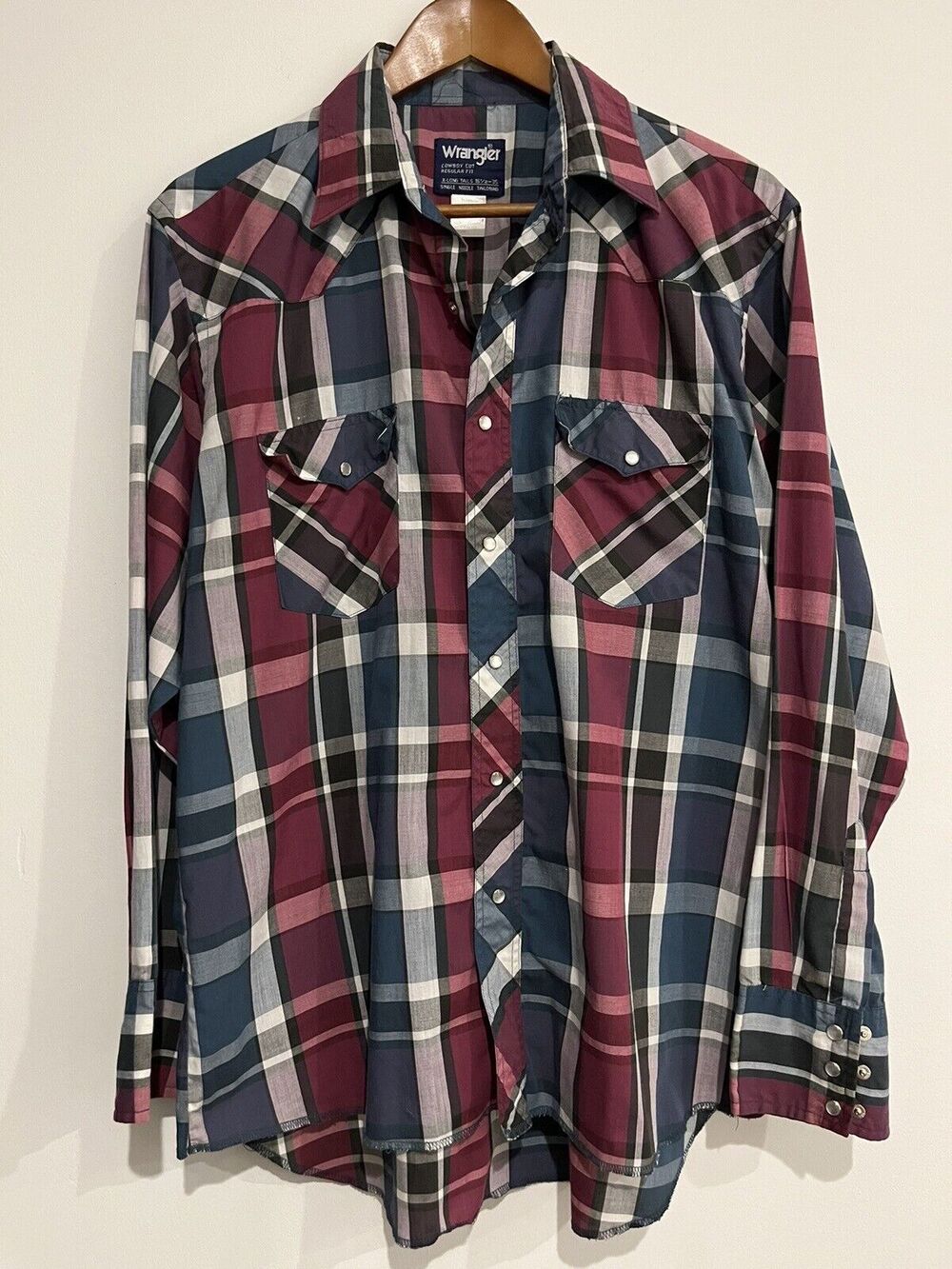Vintage Wrangler Men’s Button-Up Western Shirt Pearl Snaps Plain 16.5 X 35 Large